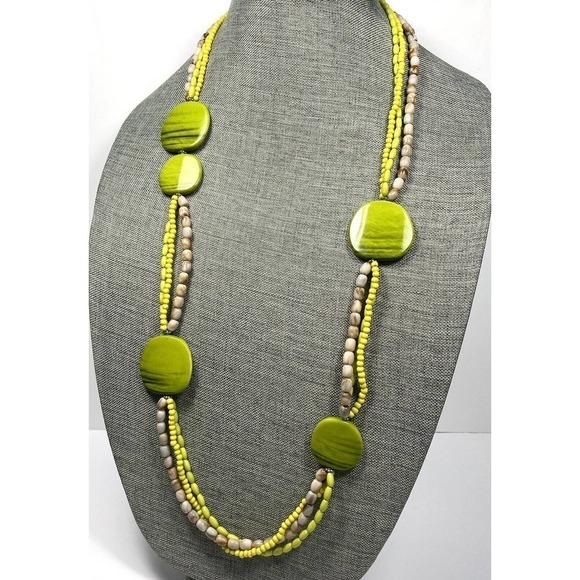 Necklace Statement Green Beige Multi Strands Asymmetric 36” - Picture 6 of 6